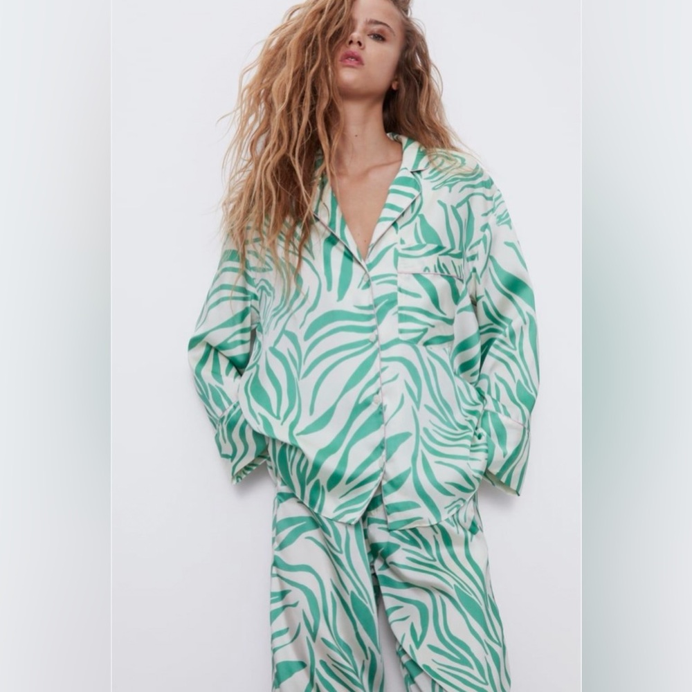 Zara Green and White Zebra Print Pajama Set Top Size L